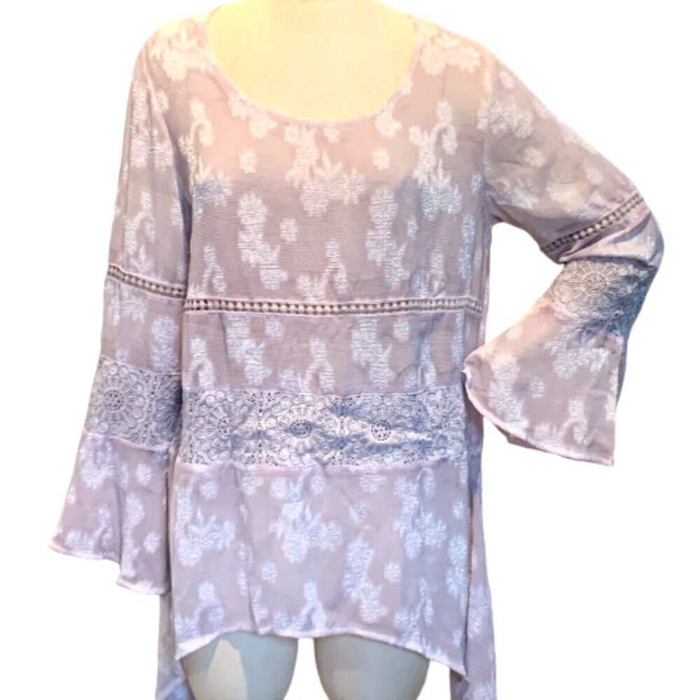 One World Tunic Top Embroidered Flowers Lace‎ Bell Sleeve L Purple #137N